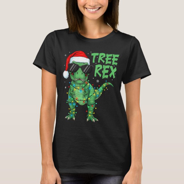 T-shirt Funny Tree Rex Christmas Dinosaur Santa Hat Lights (Devant)