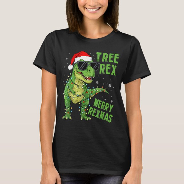 T-shirt Funny Tree Rex Christmas Dinosaur Santa Hat Lights (Devant)