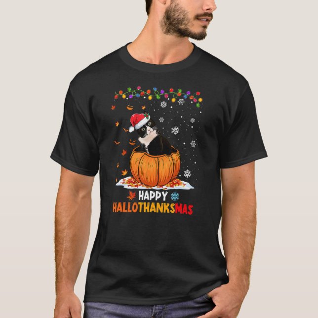 T-shirt Funny Tuxedo Cat On Pumpkin Happy Hallothanksmas (Devant)