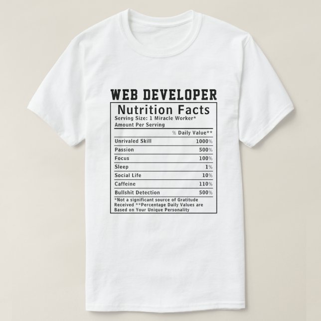 T-shirt Funny Web Developer Nutrition Facts Coding Life  (Design devant)