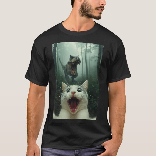 T-shirt Funny White Cat Selfie With T-rex Dinosaur, Cat Ki (Devant)