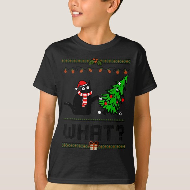 T-shirt Funny Xmas Black Cat Pushing Christmas Tree Over C (Devant)