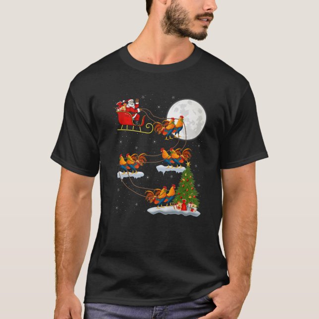 T-shirt Funny Xmas Lighting Tree Santa Riding Rooster Bird (Devant)