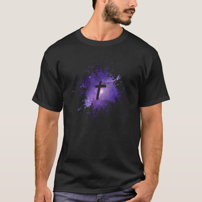 T-shirt Galaxie violette avec croix-chrétienne hommes deux (Devant)