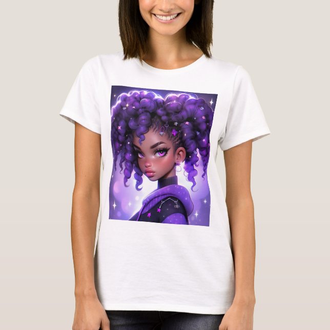 T-shirt Galaxie violette fille avec cheveux bouclés (Devant)