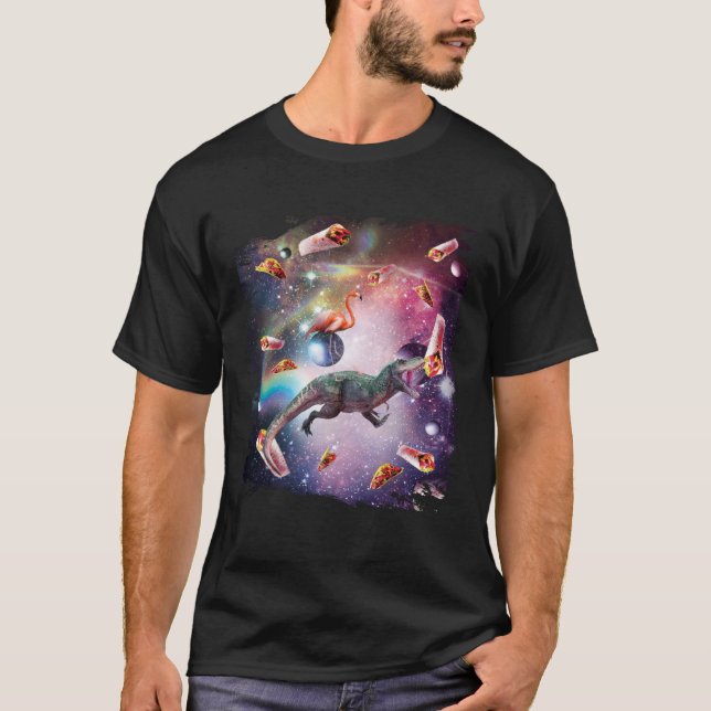 T-shirt Galaxy Flamingo Riding Dinosaur In Space  Rainbow (Devant)