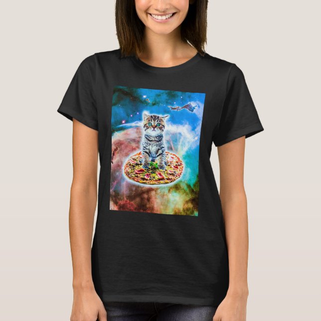 T-shirt Galaxy Kitty Cat Riding Pizza In Space (Devant)