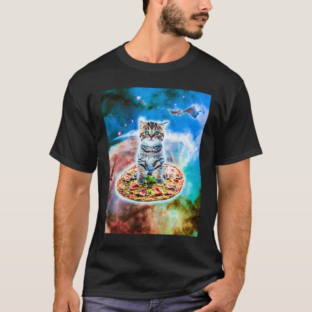 T-shirt Galaxy Kitty Cat Riding Pizza In Space (Devant)