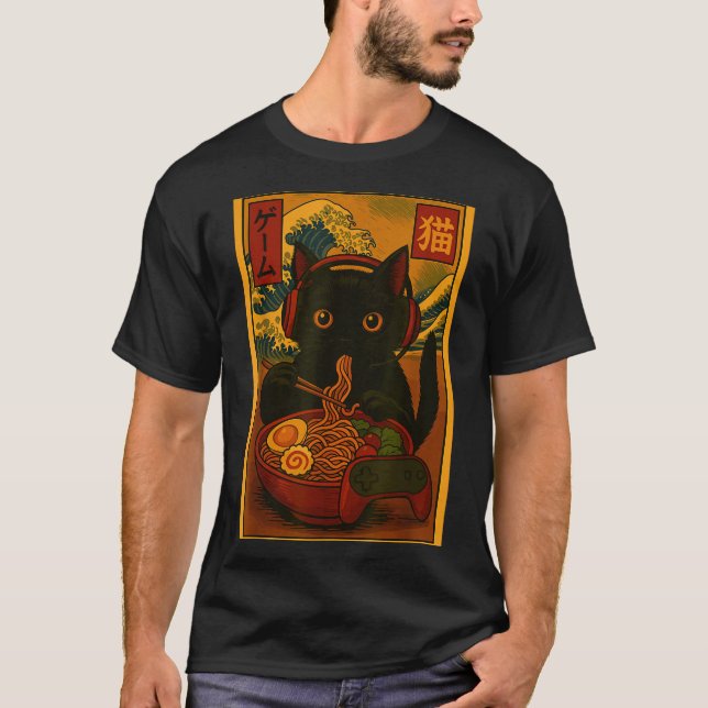 T-shirt Gamer Cat Eating Ramen Japanese Style  (Devant)