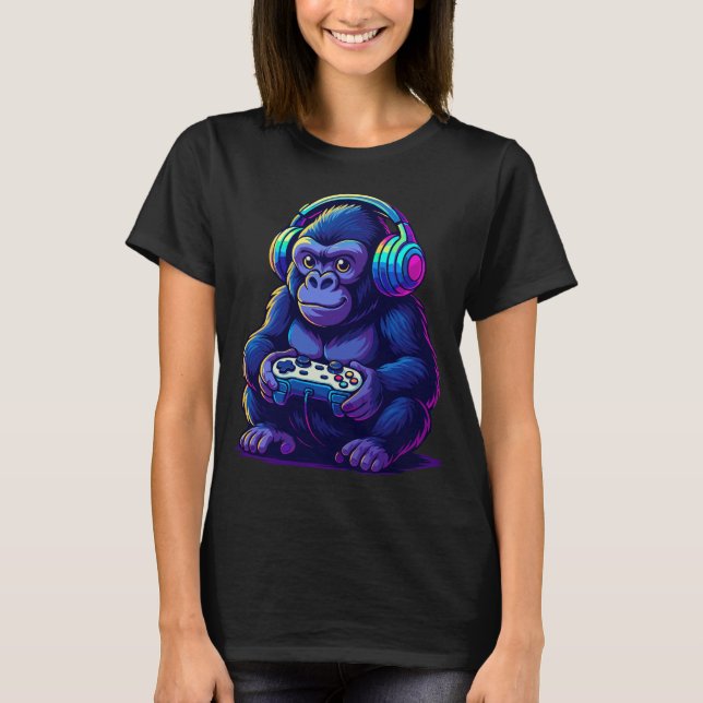T-shirt Gamer Gorilla with Headphones — Neon Gaming Vibes (Devant)