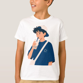 T-shirt Garçon Anime Mignon Buvant du Bubble Tea