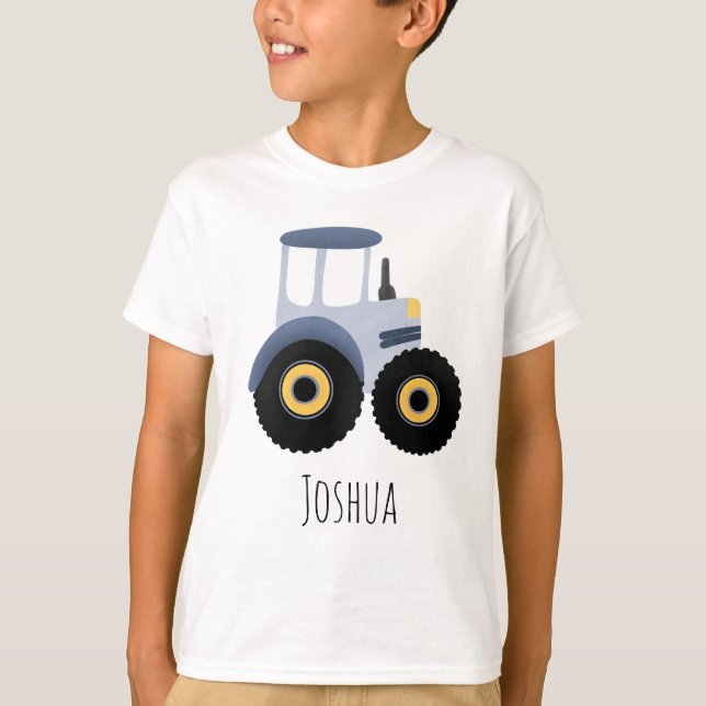 T-shirt Garçons Cute Blue Farm Tracteur Cartoon Enfants (Devant)
