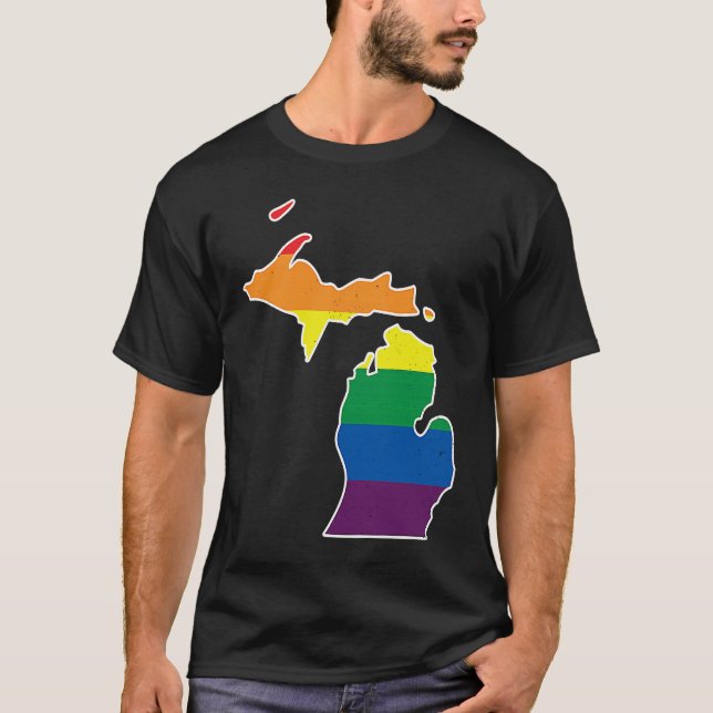 T-shirt Gay Pride Flag  Michigan State Map  Rainbow Stripe (Devant)