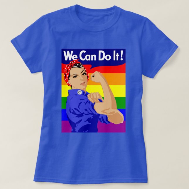 T-SHIRT GAY PRIDE ROSIE LE RIVETER AVEC DRAPEAU DE PLANCHE (Design devant)
