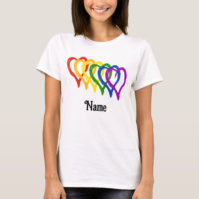 T-shirt Gay pride Valentin Arc-en-ciel Coeurs Customisés (Devant)