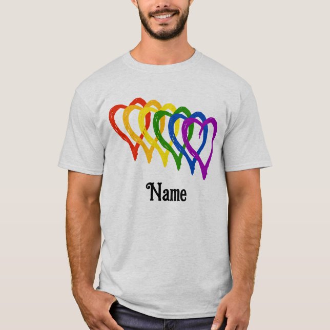 T-shirt Gay pride Valentin Arc-en-ciel Coeurs Customisés (Devant)