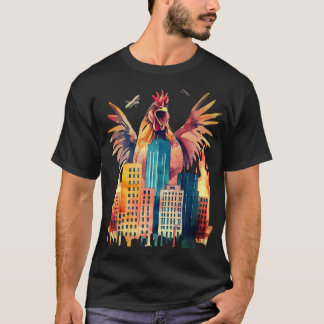T-shirt Géant coq poulet attaquant la ville drôle animal