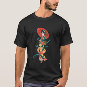 T-shirt Géisha Élégante Avec Parasol De Kimono Floral