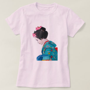 T-shirt Geisha japonais mignon avec fleurs de cerisier