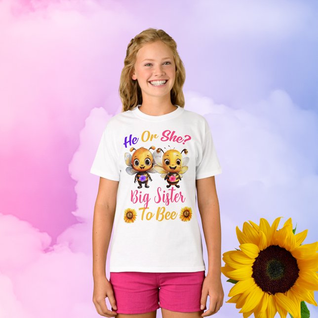 T-shirt Genre Révéler He Elle Grande Soeur aux Filles d'Ab (Gender Reveal He She Big Sister to Bee Girls White T-Shirt)