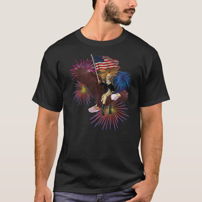 T-shirt George Washington Riding an Eagle with a Flag 4th  (Devant)
