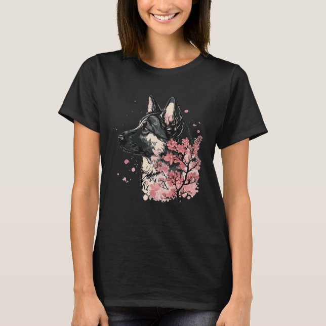 T-shirt German Shepherd Cherry Blossom Dog Breed Japanese  (Devant)