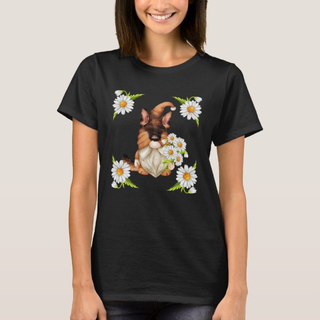 T-shirt German Shepherd Dog Gnome For Spring Floral Daisy  (Devant)