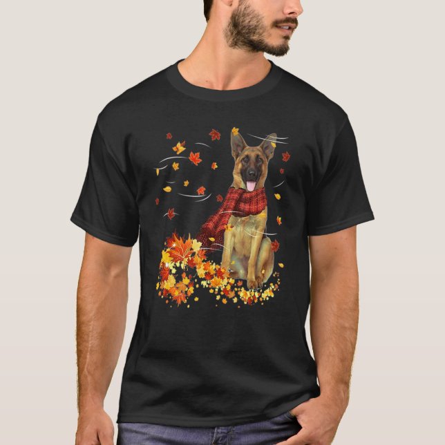 T-shirt German Shepherd Fall Scarf Dogs Autumn Leaves (Devant)