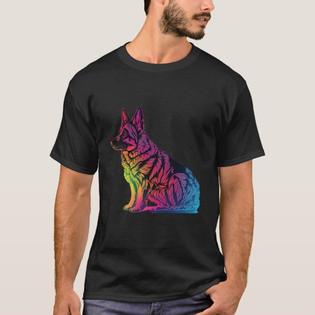 T-shirt German Shepherd Synthwave 80s Retrowave Aesthetic  (Devant)