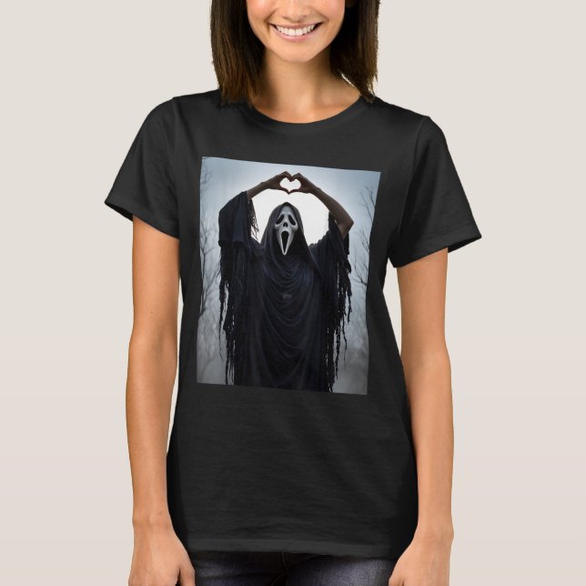 T-shirt Ghost Red Heart Hands Y Face Halloween Valentines  (Devant)