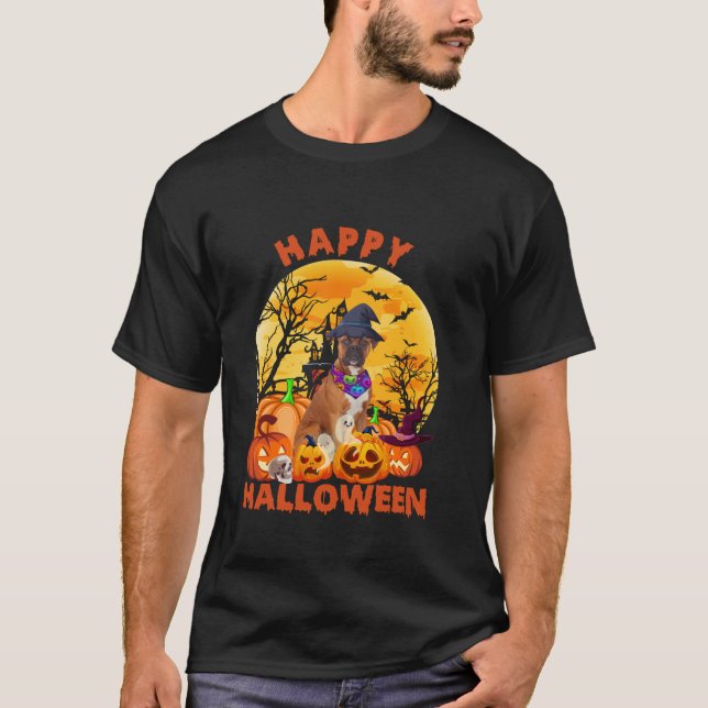 T-shirt Ghost Scary Citrouille Lune sorcière Chien de boxe (Devant)