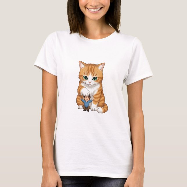T-shirt Giant Orange Tabby Cat Gently Patting Tiny Happy (Devant)