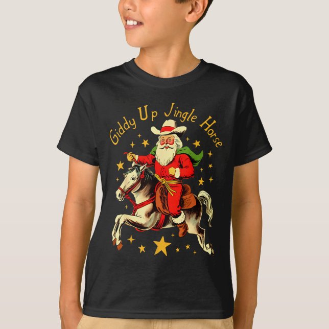 T-shirt Giddy Up Jingle Horse Funny Retro Santa Cowboy Chr (Devant)