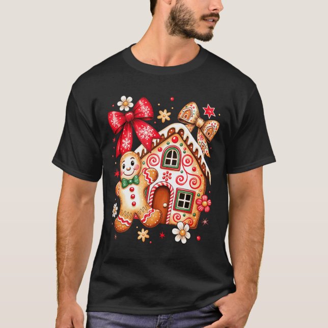 T-shirt Gingerbread Christmas Bow Christmas House Retro Co (Devant)