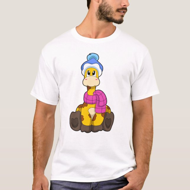 T-shirt Girafe en hiver avec Casquette et écorce (Devant)