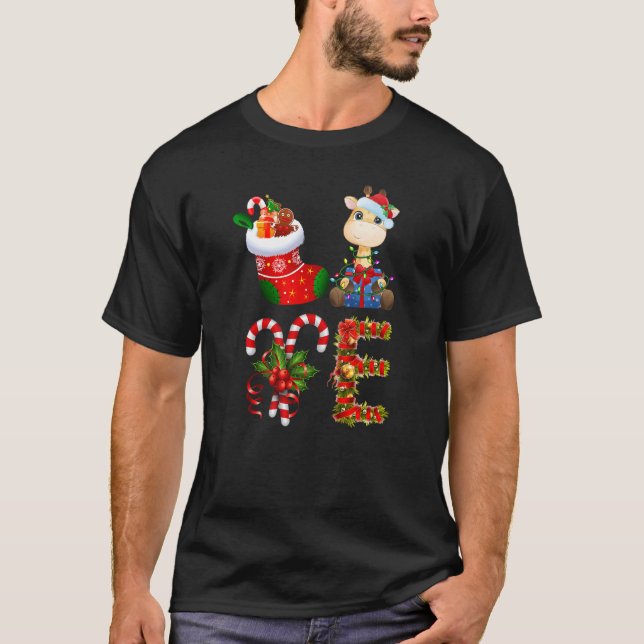 T-shirt Giraffe Christmas Lights Led  Santa Hat Christmas (Devant)