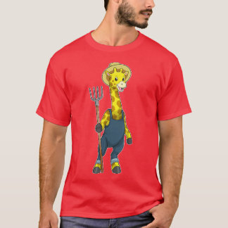 T-shirt Giraffe Farmer Pitchfork Overalls 