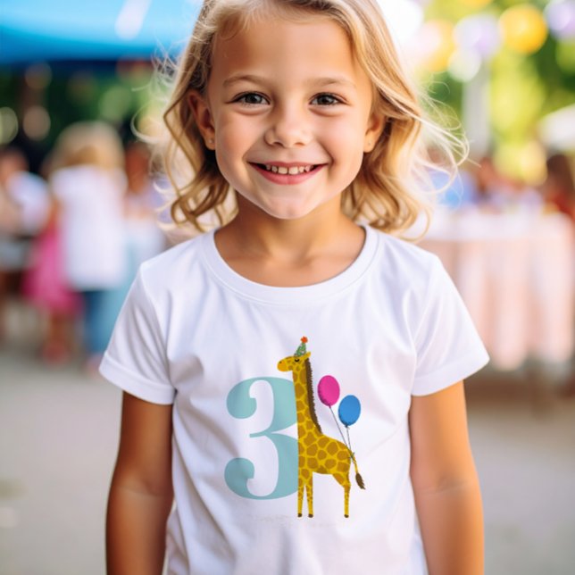 T-shirt Giraffe fête d'anniversaire de grande année (Party Animals 3rd Birthday t-shirt with elephant wearing a party hat and holding colorful balloons)