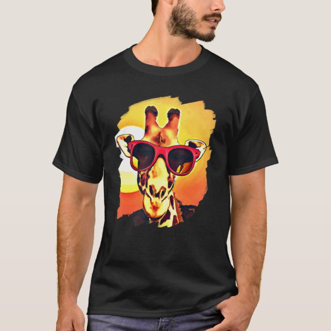 T-shirt Giraffe Portant des lunettes de soleil Coucher de  (Devant)