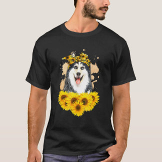 T-shirt Girls Women Mom Siberian Husky Dog Sunflower Puppy