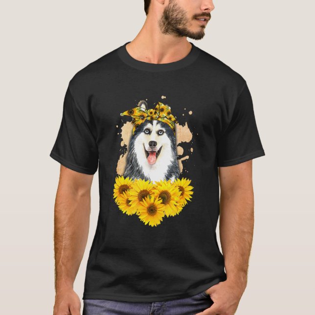 T-shirt Girls Women Mom Siberian Husky Dog Sunflower Puppy (Devant)