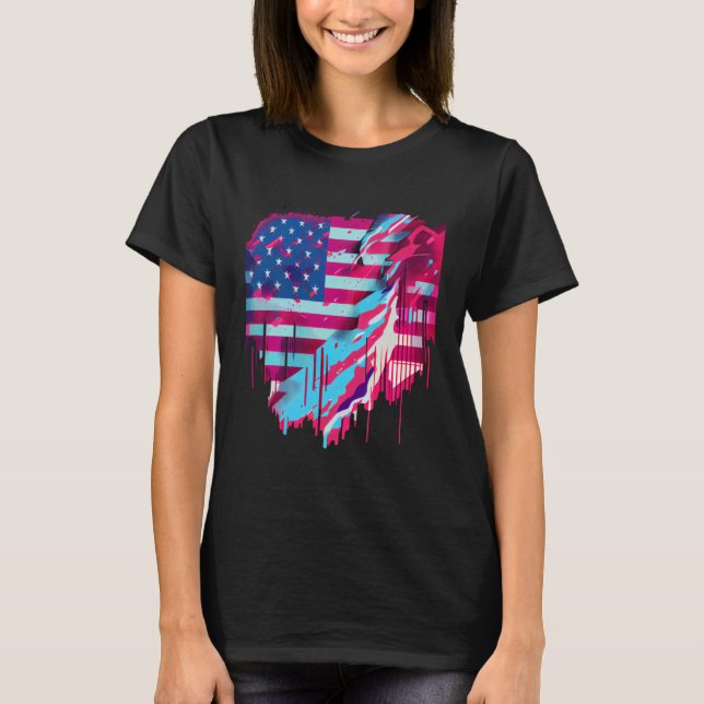 T-shirt Glitched Vaporwave American Flag (Devant)