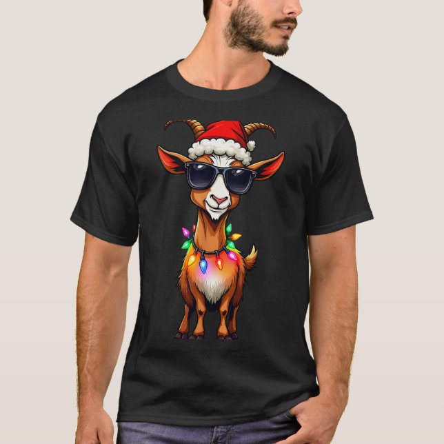 T-shirt Goat Santa Hat Lights Christmas Cute Xmas Pajama  (Devant)