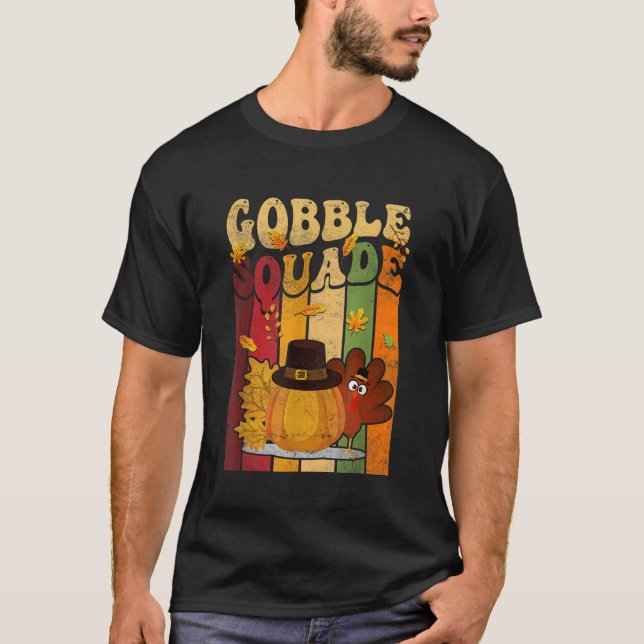 T-shirt Gobble Squad Citrouille Feuille Thanksgiving Day M (Devant)