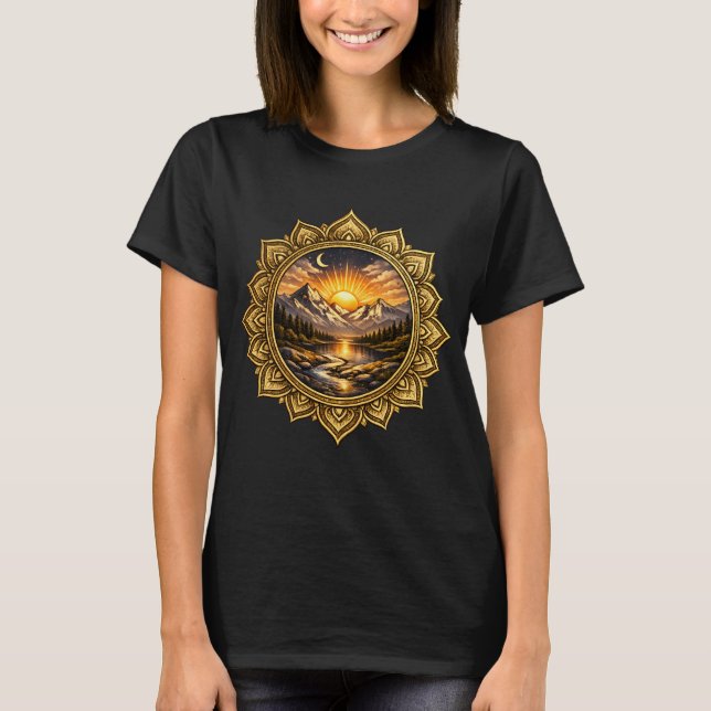 T-shirt Golden Boho Mandala Mountain Sunset | Boho Sun Art (Devant)