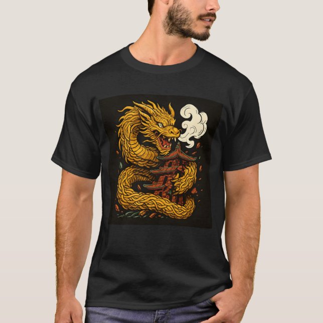 T-shirt Golden Dragon Attaques Pagoda Art (Devant)