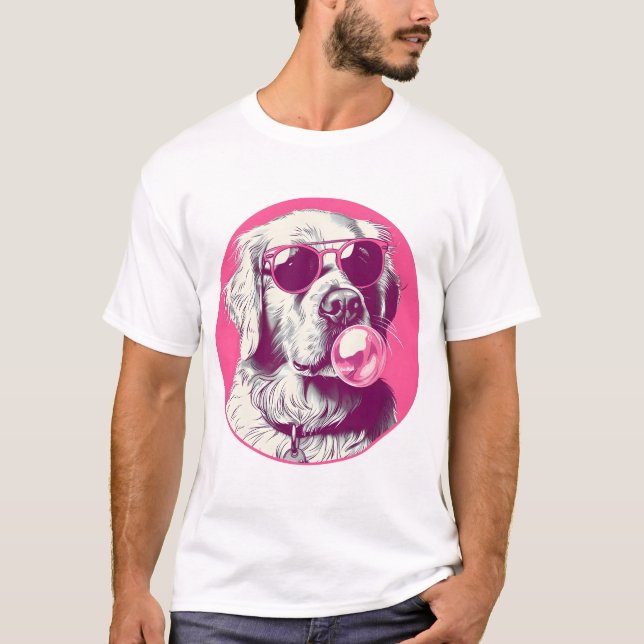 T-shirt Golden Retriever avec lunettes de soleil bulle ros (Devant)
