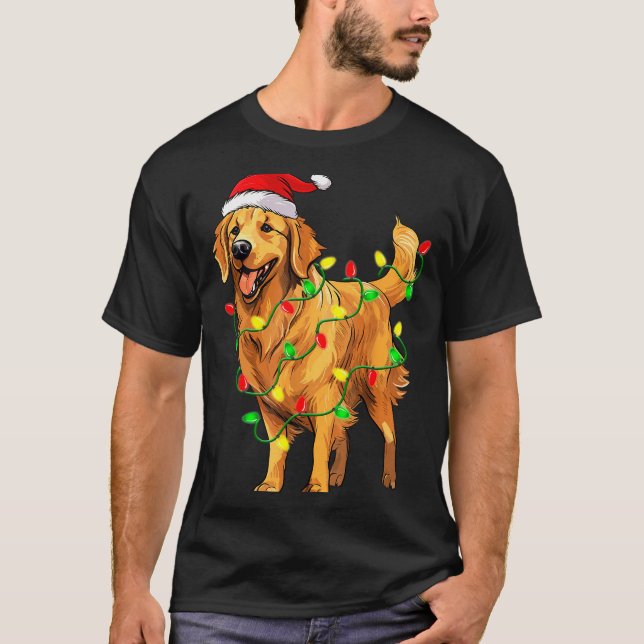 T-shirt Golden Retriever Christmas Santa Hat Tree Lights P (Devant)