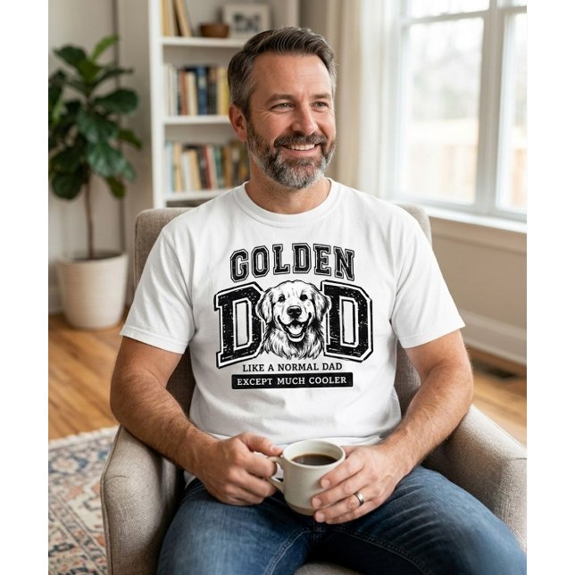 T-shirt Golden Retriever Dad   (Man in white Golden Dad shirt holding mug; personalized Golden Retriever Father's Day gift mockup.)