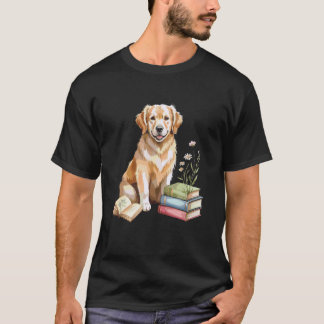 T-shirt Golden Retriever GR Chien Bibliophile Fleurs Livre